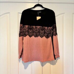 Black & Pink Pullover Sweater with Black Lace 1X 14/16